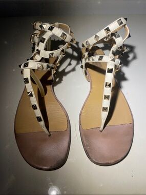 Valentino Garavani White Studded T-Strap Sandals with Pink Footbed